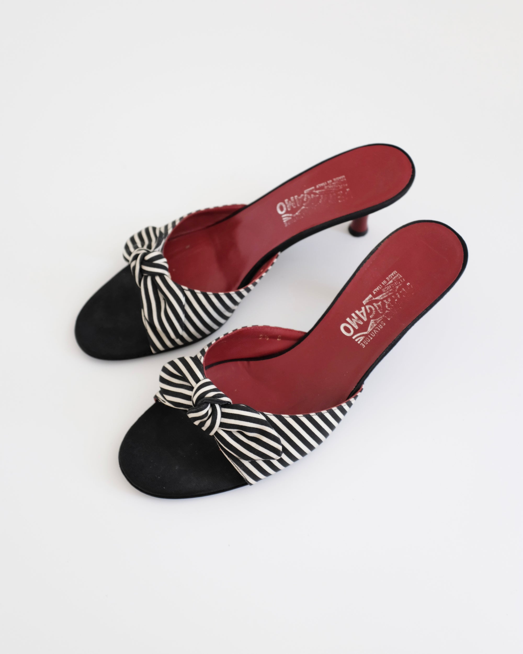 Ferragamo Pinstripe Bow Mules (39.5)