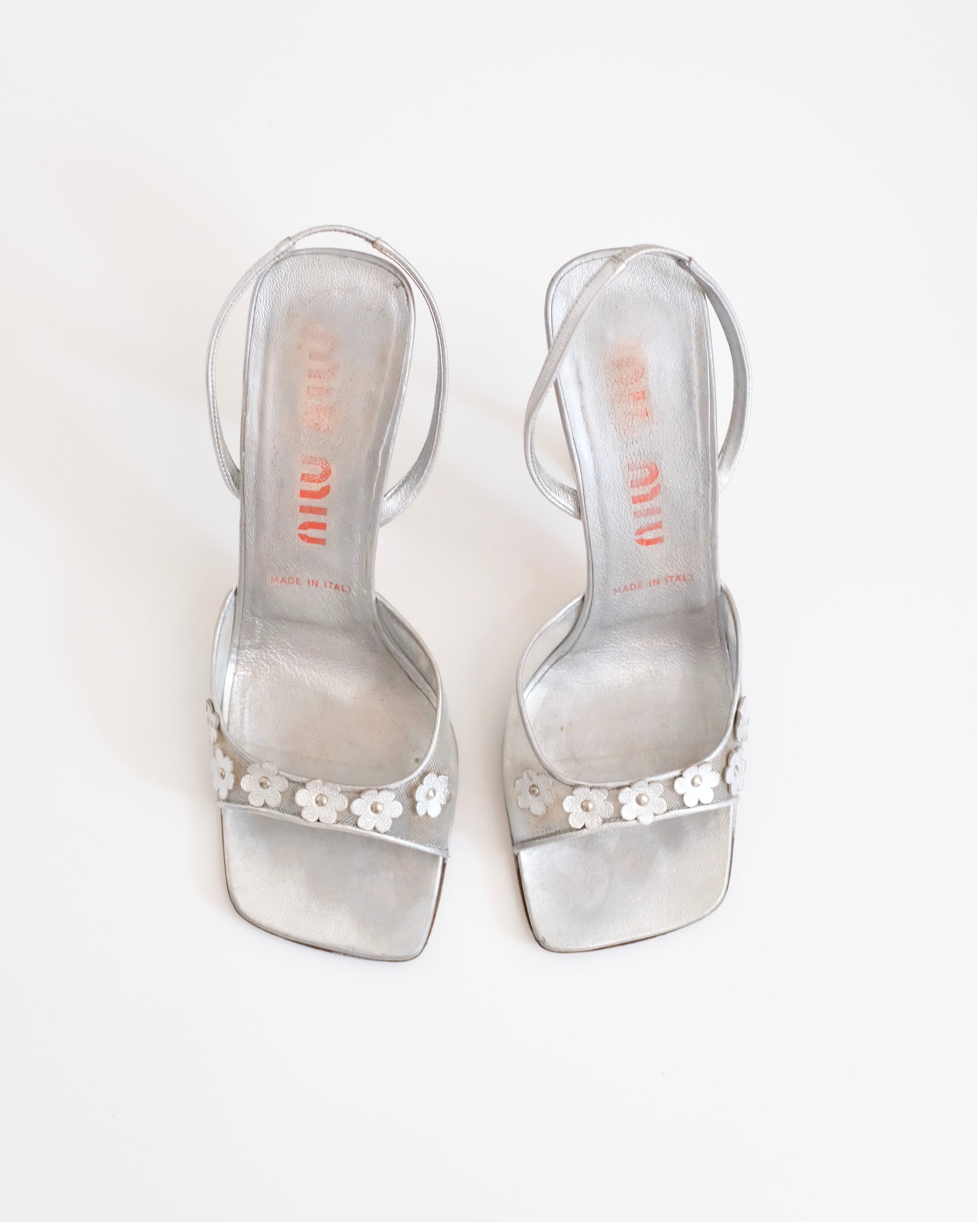 Miu Miu 1999 Silver Mesh 3D Floral Sandals (39)