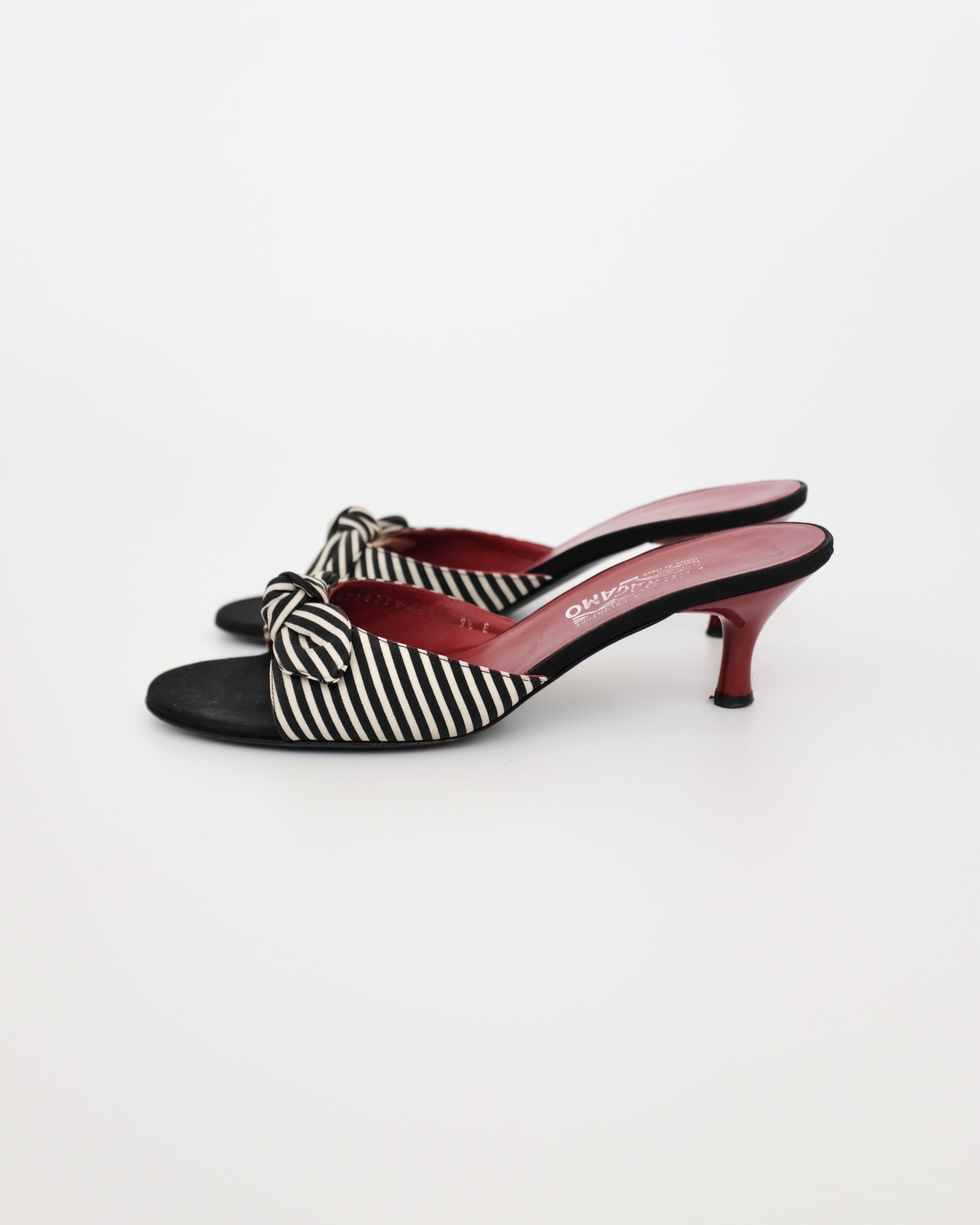 Ferragamo Pinstripe Bow Mules (39.5)