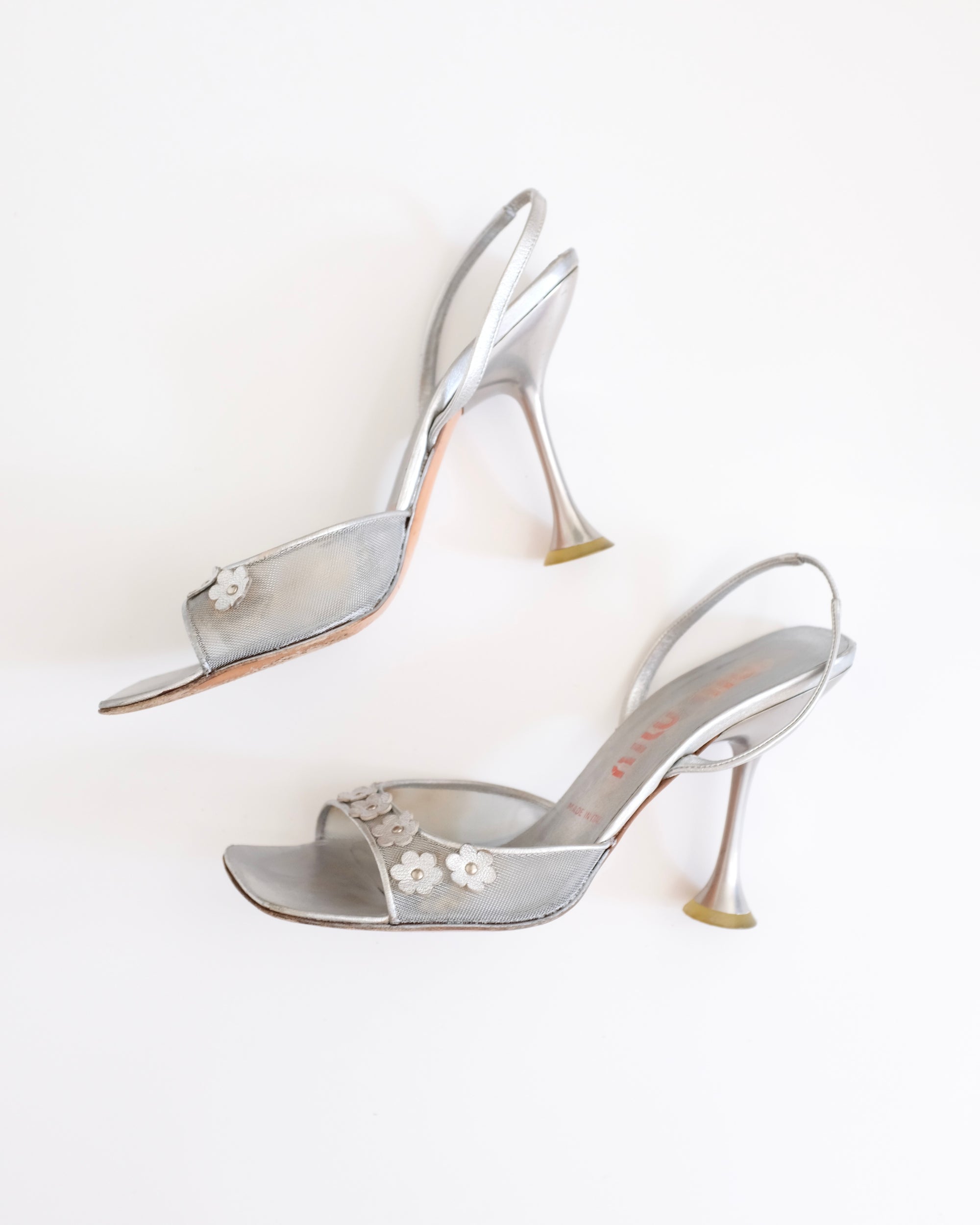 Miu Miu 1999 Silver Mesh 3D Floral Sandals (39)