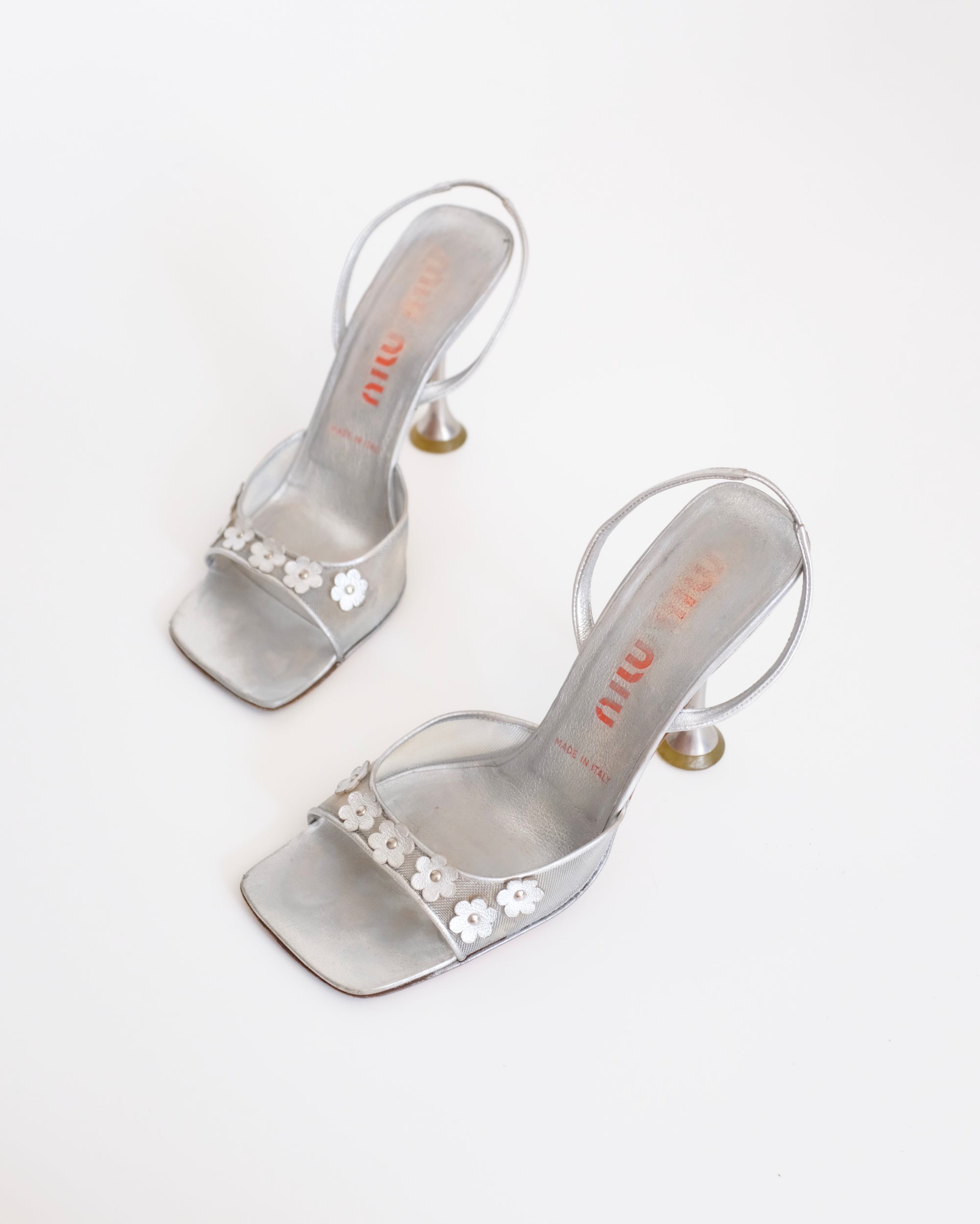 Miu Miu 1999 Silver Mesh 3D Floral Sandals (39)