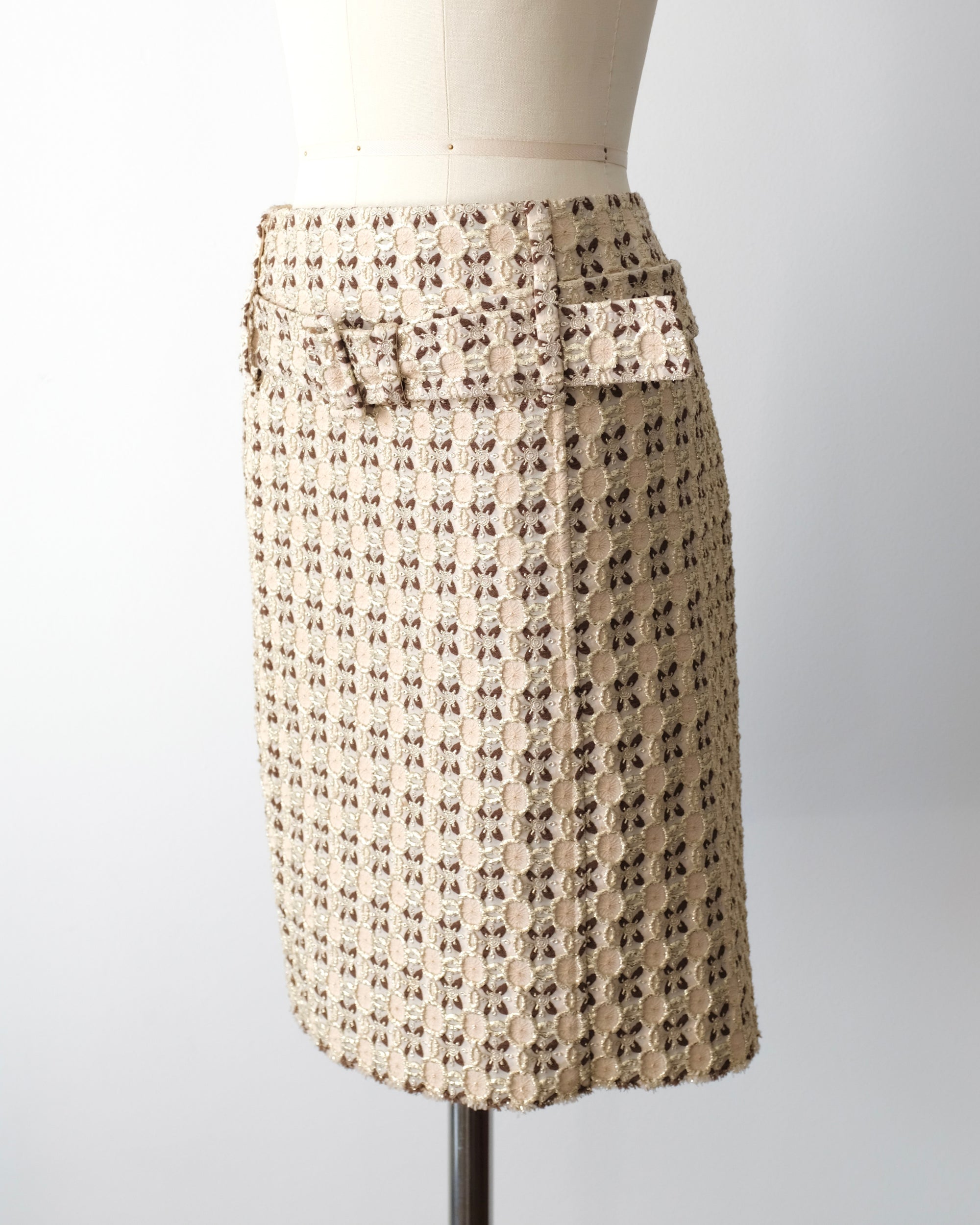 Prada SS2002 Gold Brocade Belted Midi Skirt (S)