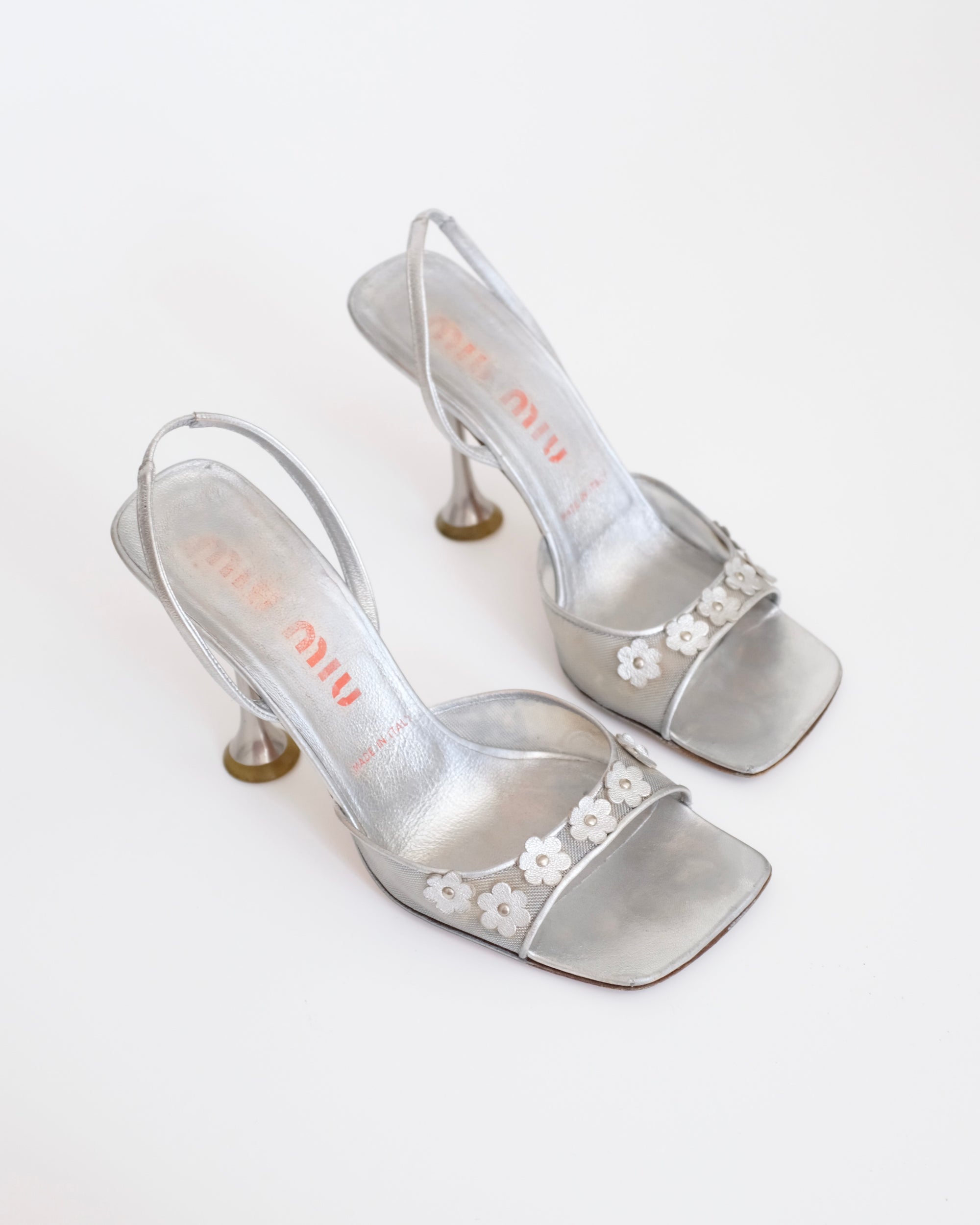 Miu Miu 1999 Silver Mesh 3D Floral Sandals (39)