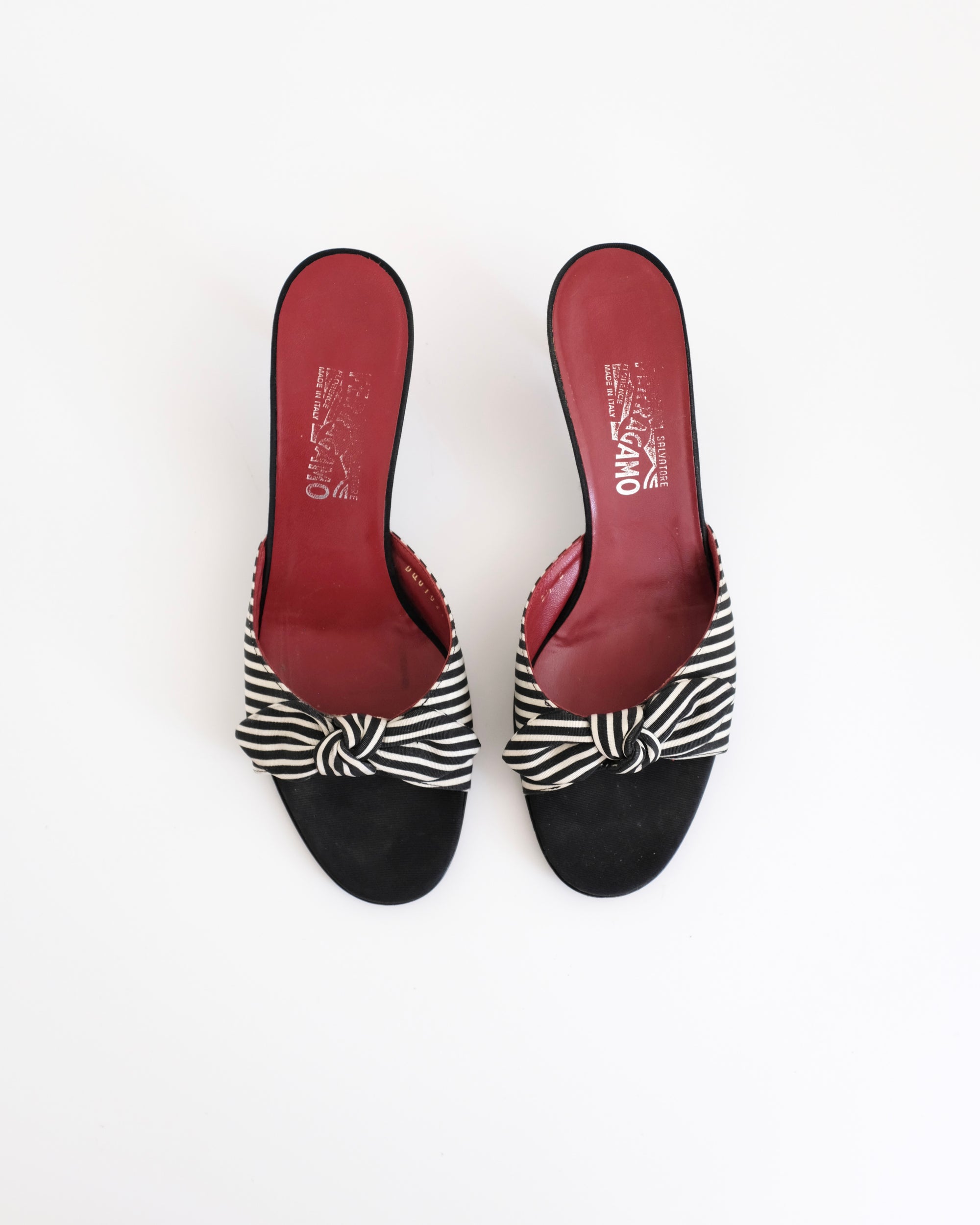 Ferragamo Pinstripe Bow Mules (39.5)