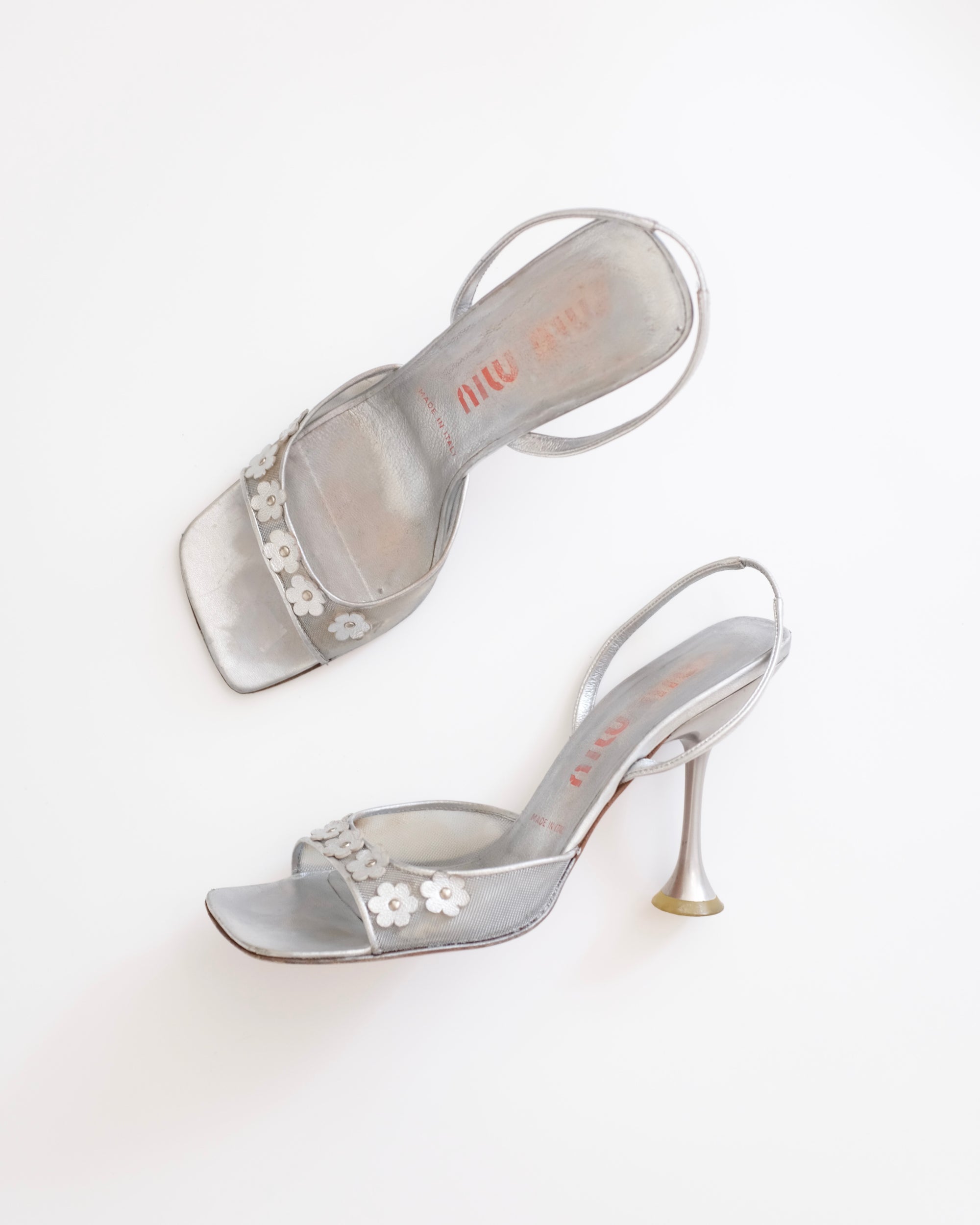 Miu Miu 1999 Silver Mesh 3D Floral Sandals (39)
