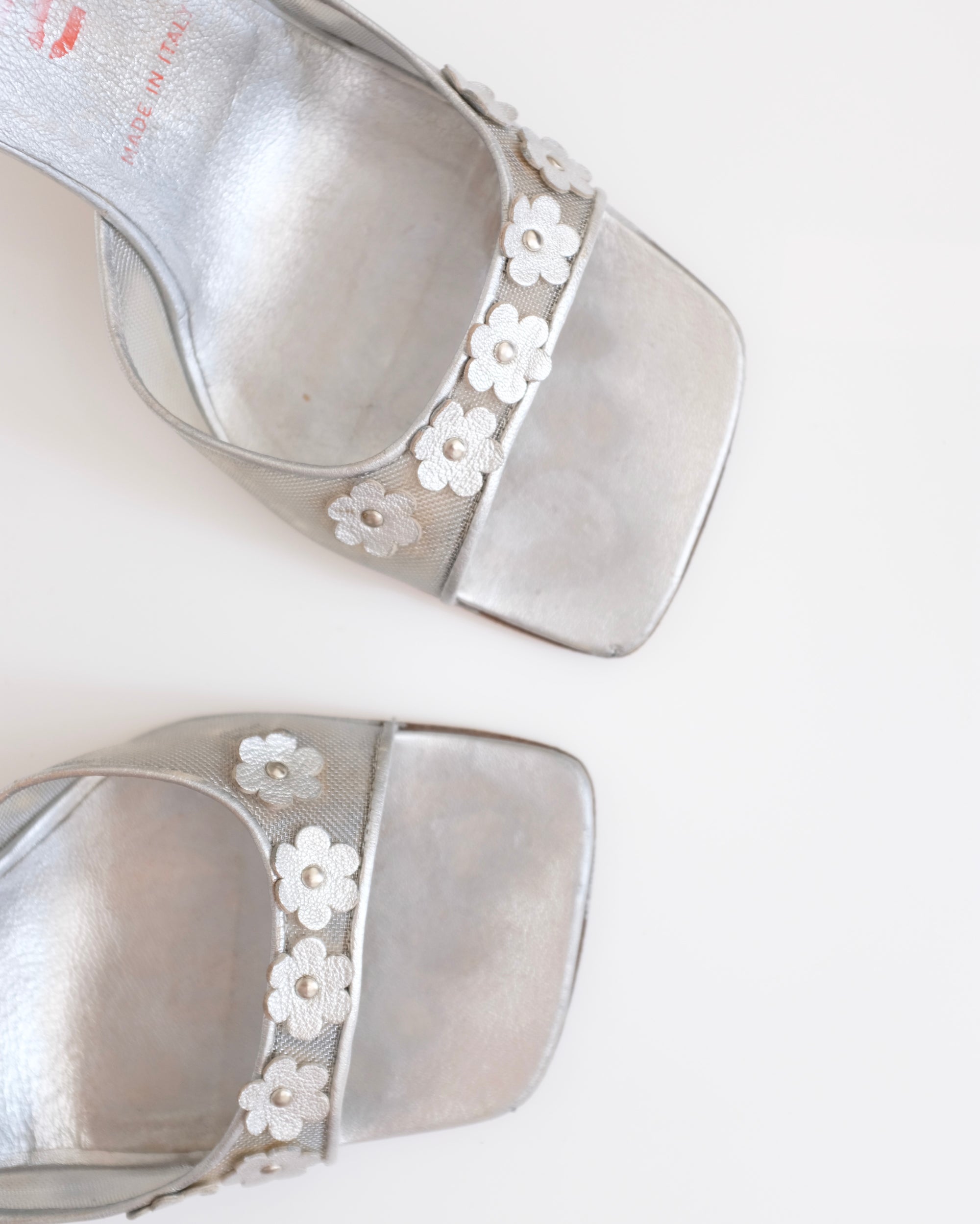 Miu Miu 1999 Silver Mesh 3D Floral Sandals (39)