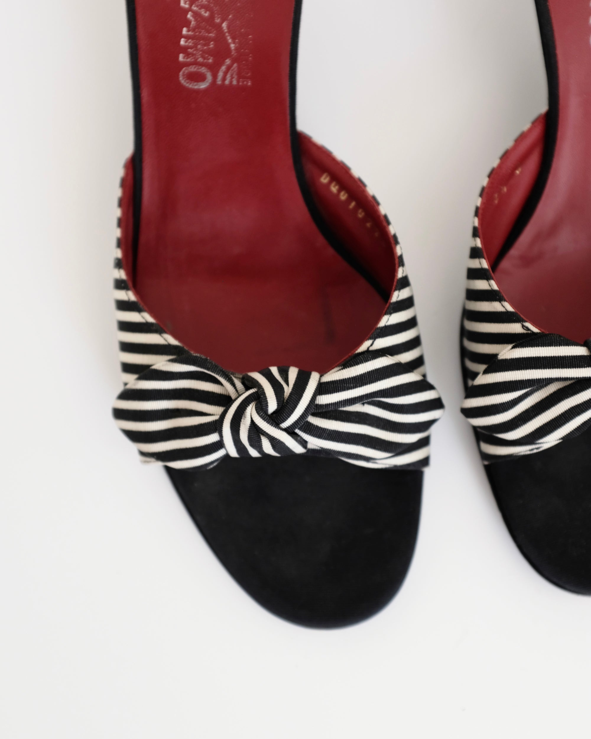 Ferragamo Pinstripe Bow Mules (39.5)