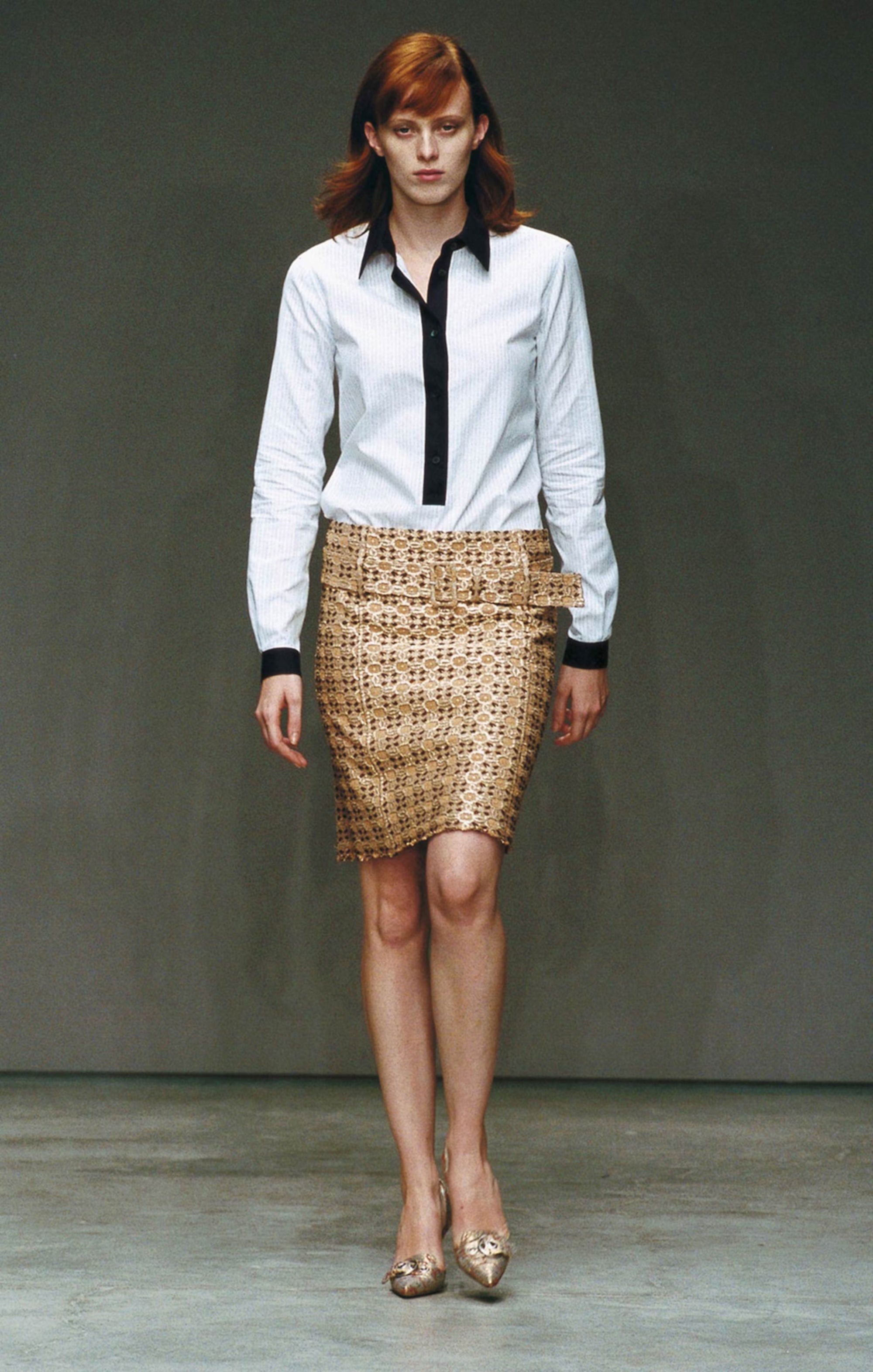Prada SS2002 Gold Brocade Belted Midi Skirt (S)